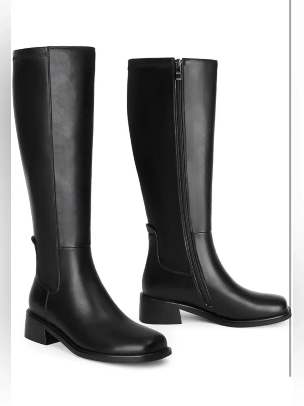 QIY Knee High Faux Leather Elastic Square Toe Side Zipper Fall Long Tall Boots
